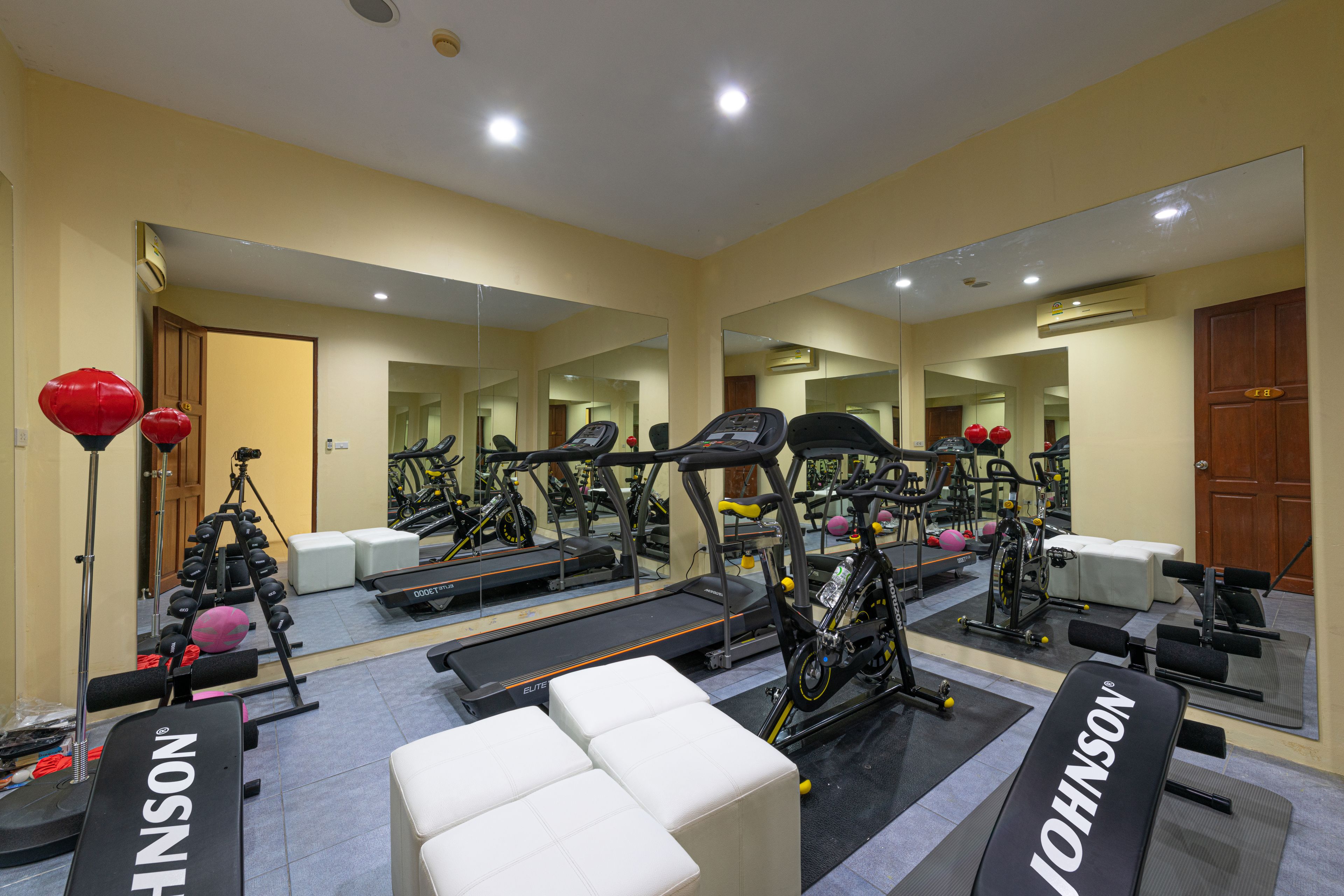 A gym with exercise equipment, mirrors, and a treadmill.
