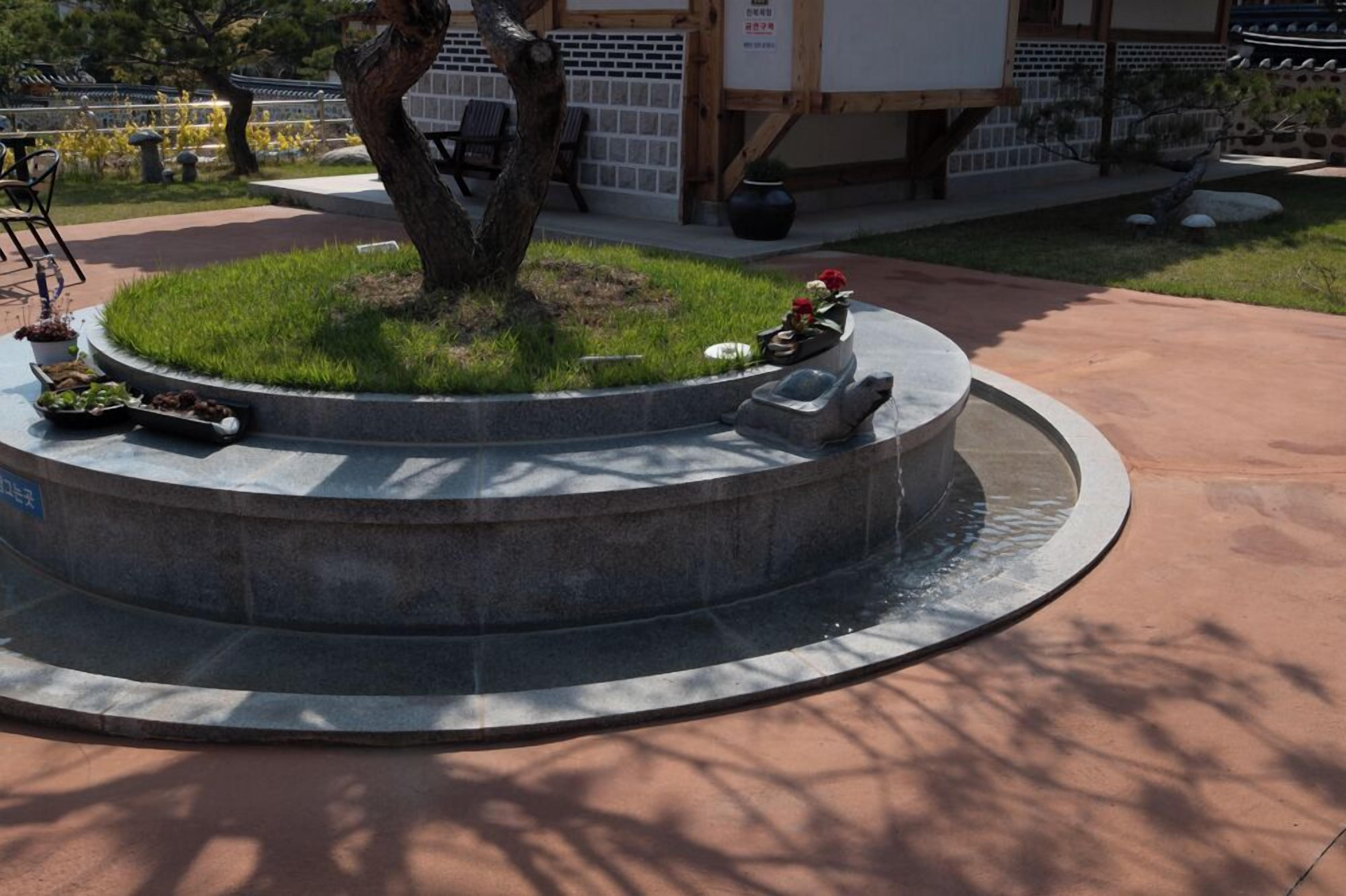 A circular stone fountain with a tree in the center, surrounded by a paved area with benches and a building in the background.