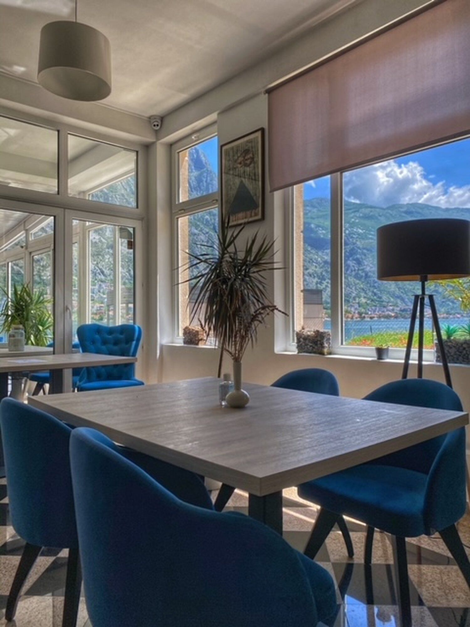 Un comedor con una mesa grande y sillas azules, ventanas amplias con vistas a montañas y una planta en maceta sobre la mesa.