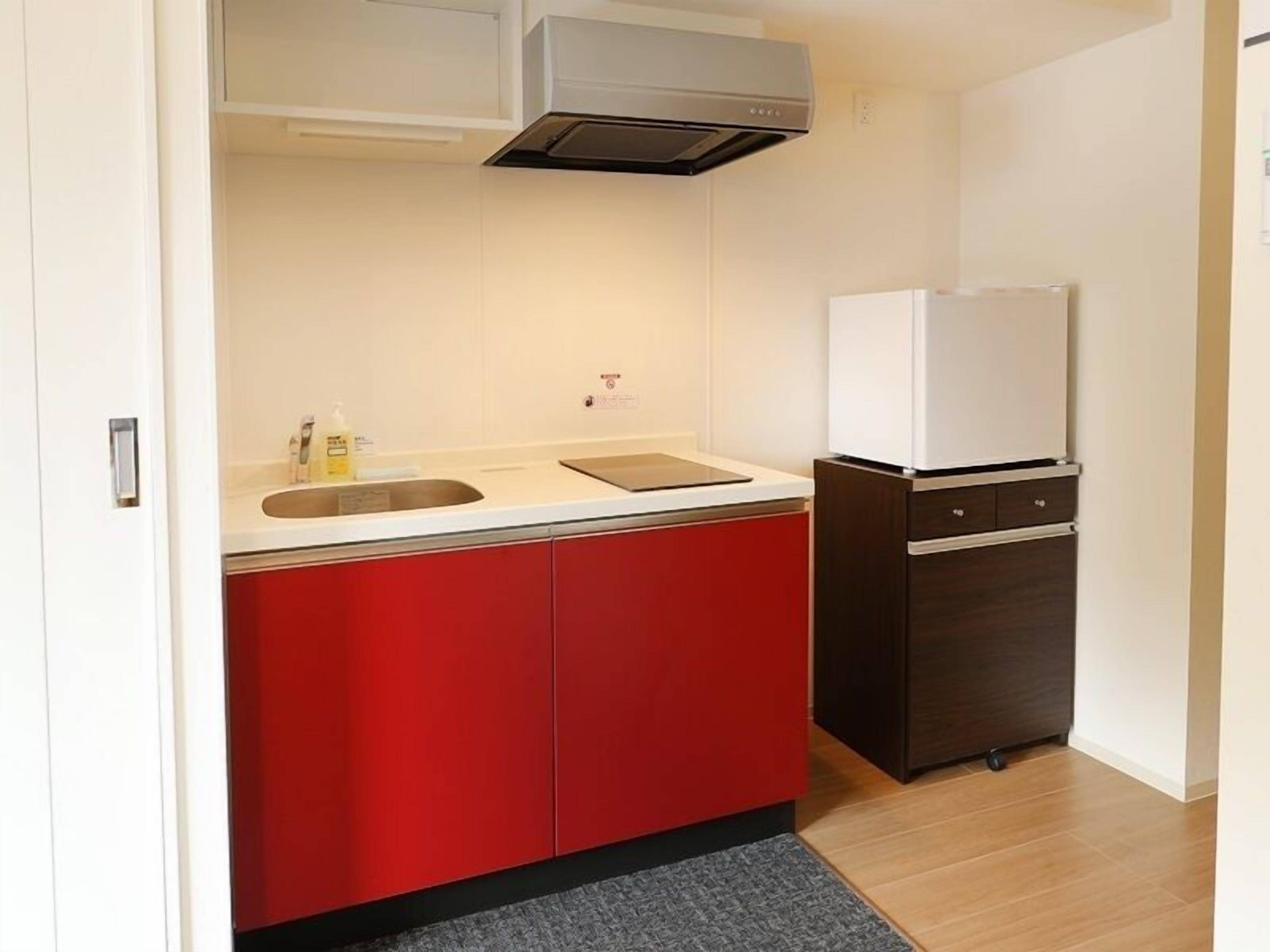 full-sized fridge, microwave