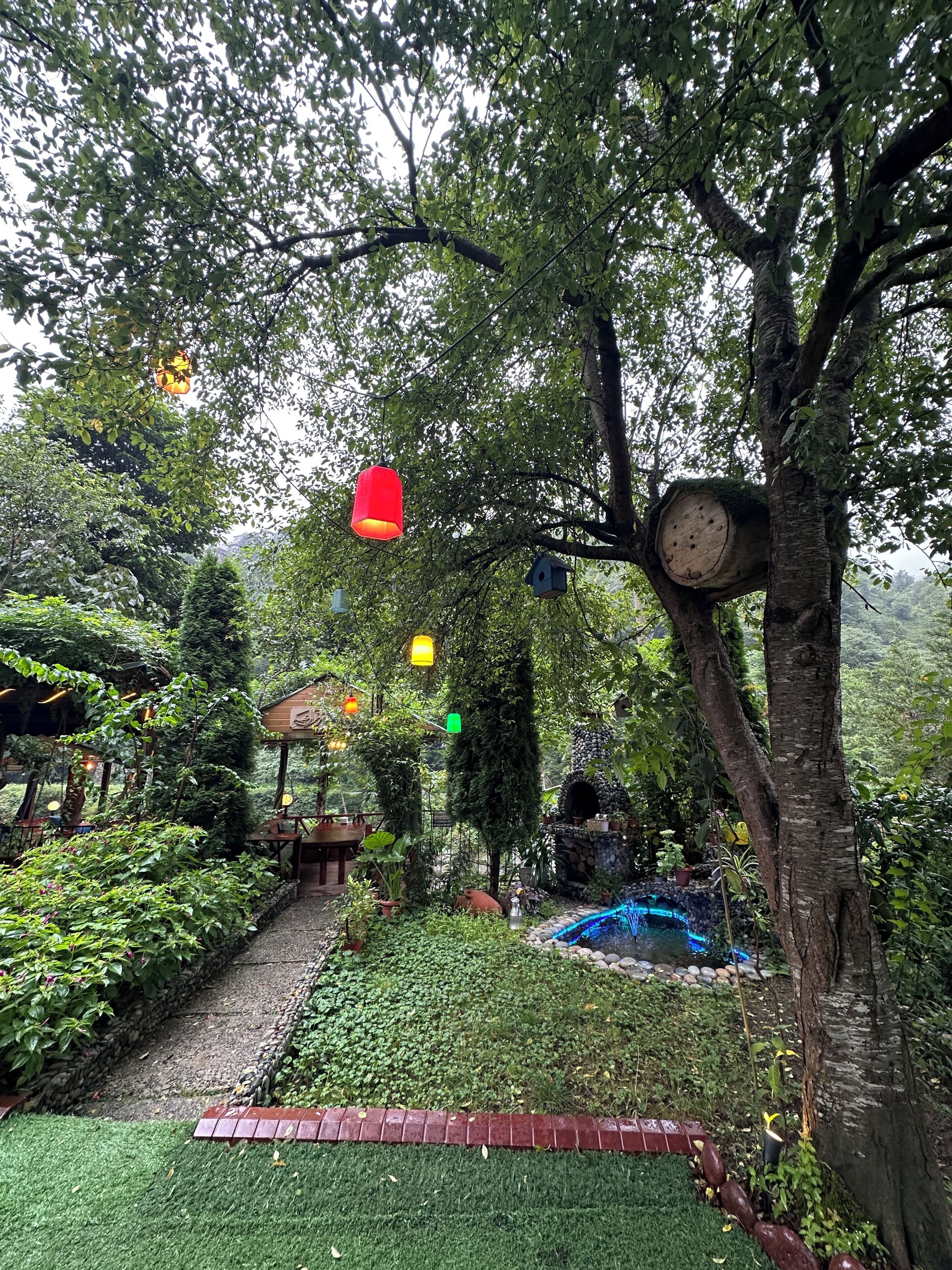 A garden with a stone pathway, a wooden gazebo, and a tree with a large log.