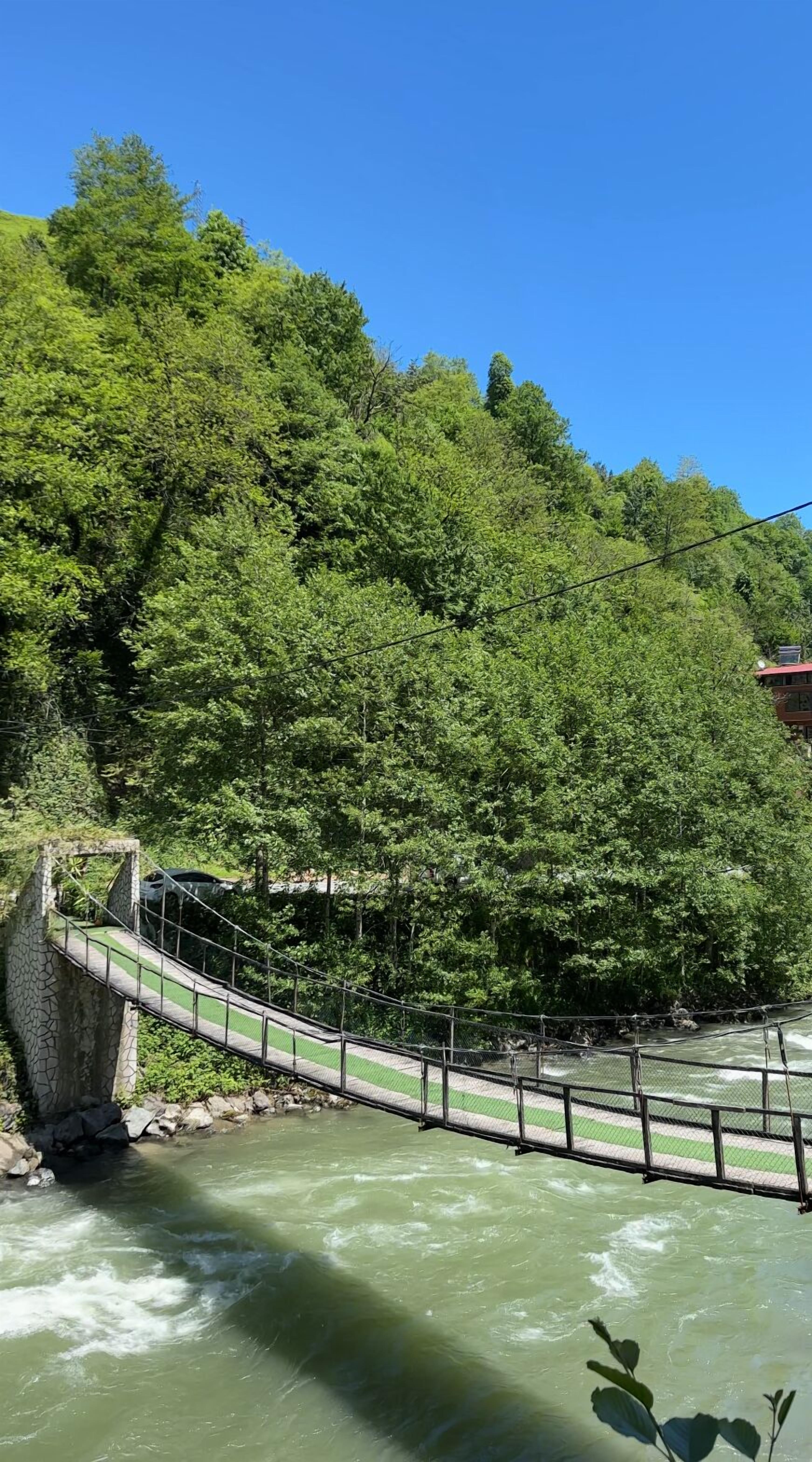 Un puente colgante sobre un río, con una ladera boscosa al fondo.