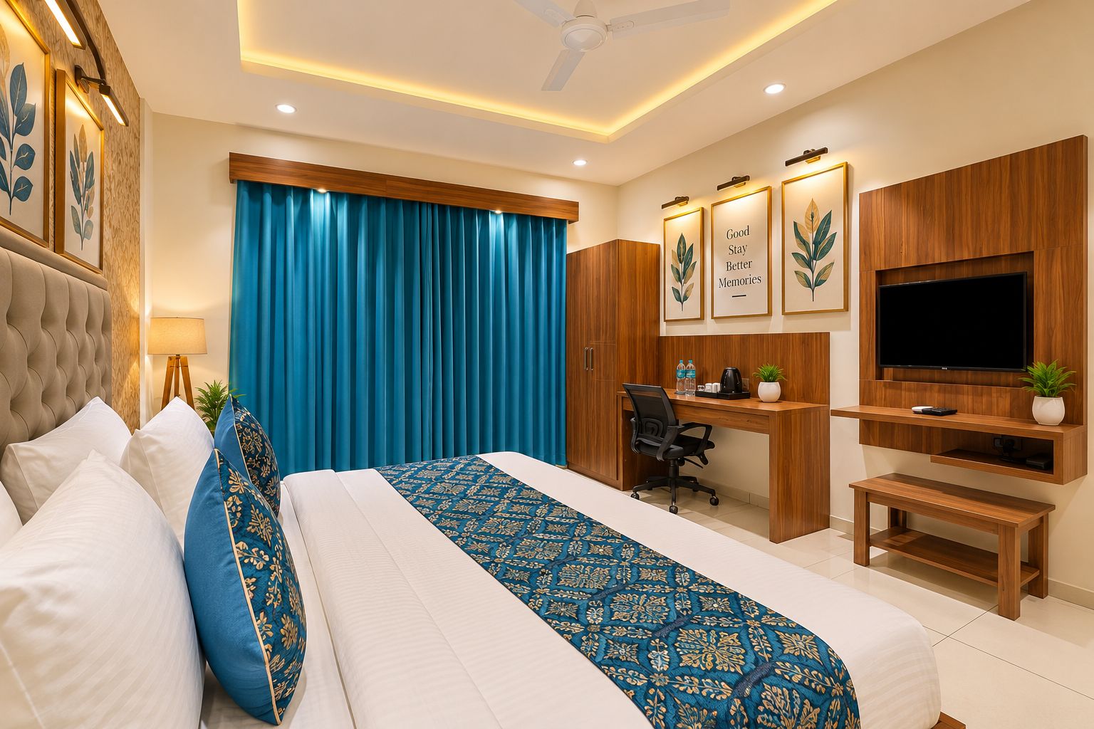 Une chambre à coucher comprenant un lit, un bureau, une chaise, un téléviseur et un ventilateur de plafond.