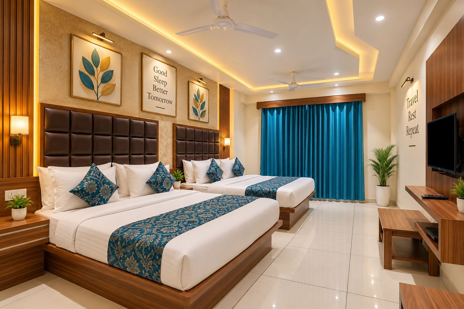 A hotel room with two beds, a TV, a desk, and a large window with curtains.