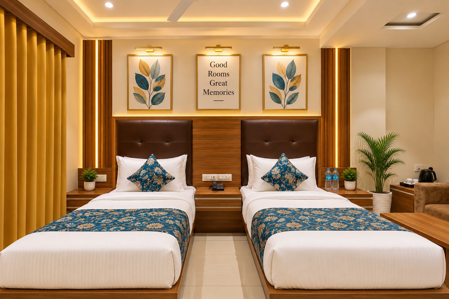 A hotel room with two beds, a wooden headboard, a wall-mounted light fixture, and a sign above the beds.