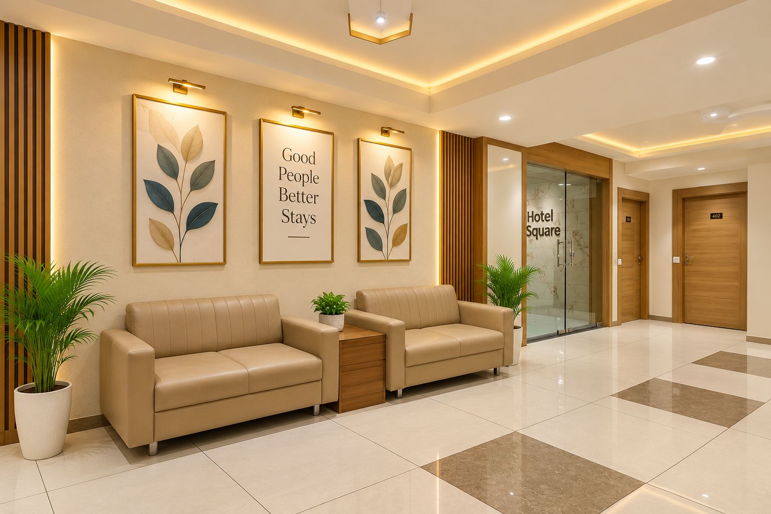 Vestíbulo de hotel con mostrador de recepción, dos sofás, obras de arte enmarcadas y una entrada con puerta de vidrio.