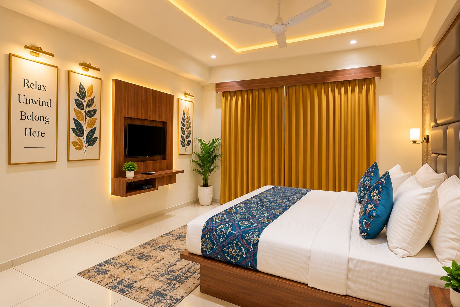 A modern bedroom with a bed, a television, a ceiling fan, and a large window with curtains.