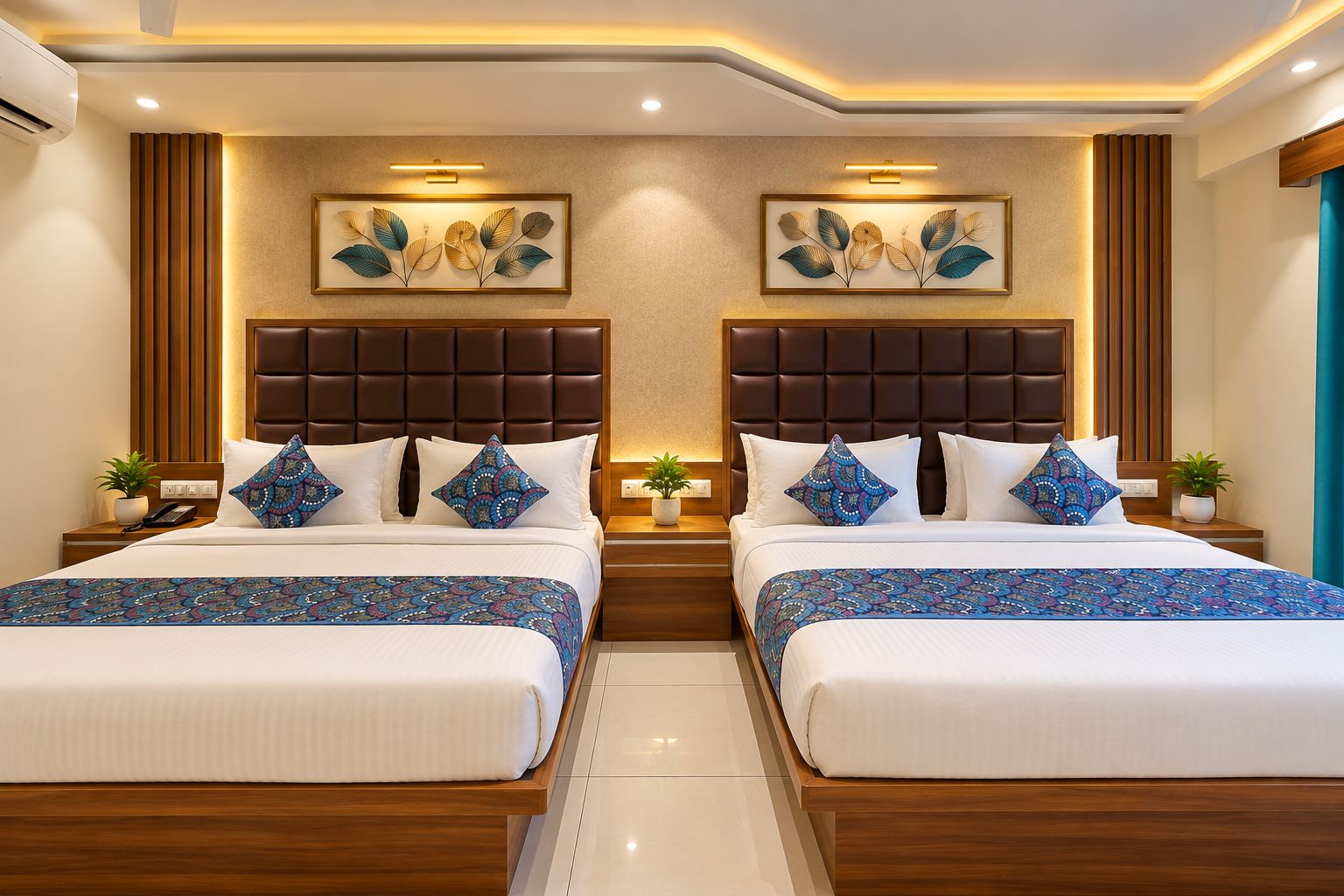 A hotel room with two beds, a central light fixture, and a decorative leaf wall art piece.