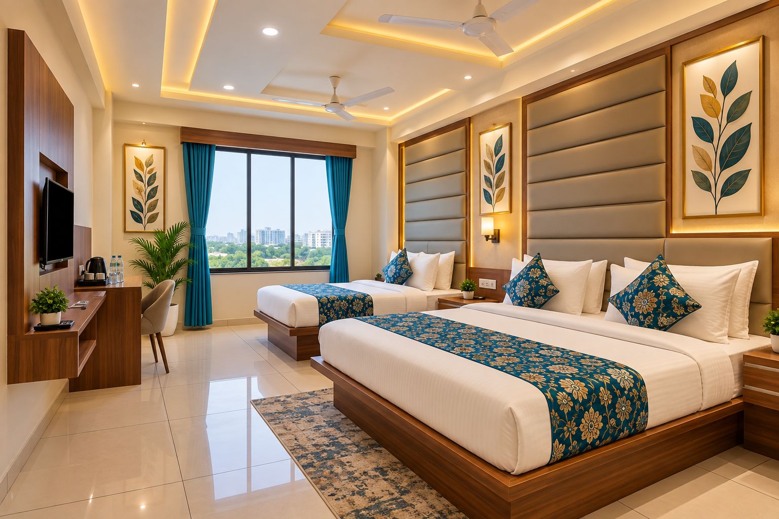 A hotel room with a large bed, a desk, a TV, and a view of the city.