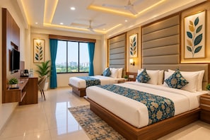 A hotel room with a large bed, a desk, a TV, and a view of the city. - Hotel Royal Square, Ahmedabad (Ahmedabad)