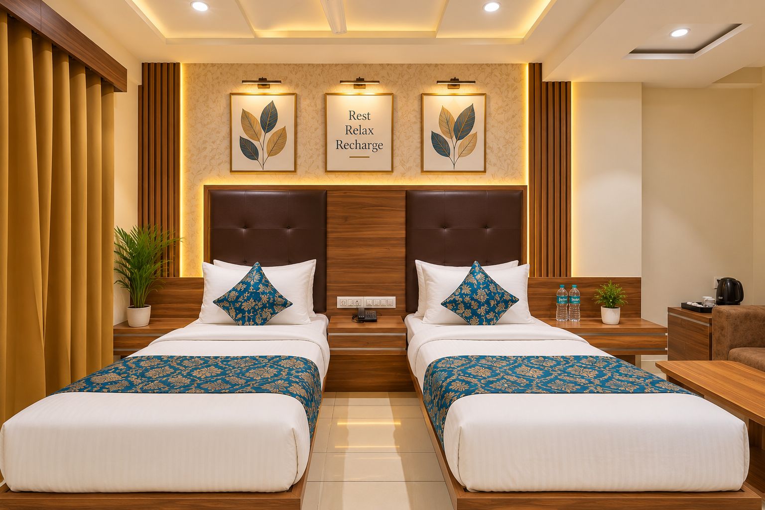 A hotel room with two beds, a wooden headboard, a wall-mounted light, and a sign that reads 'Rest Relax Recharge'.