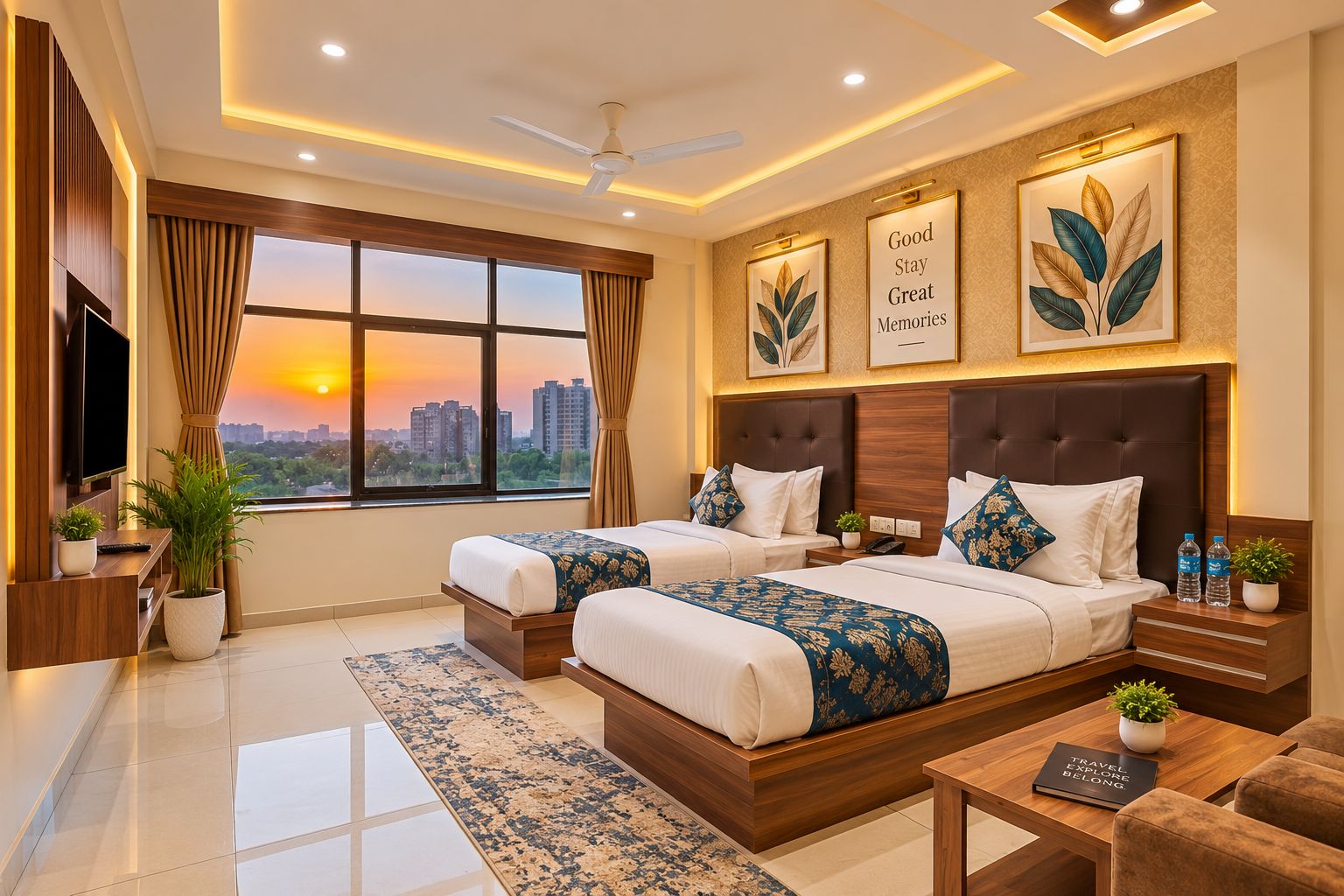 A hotel room with two beds, a TV, a desk, and a view of the city skyline at sunset.