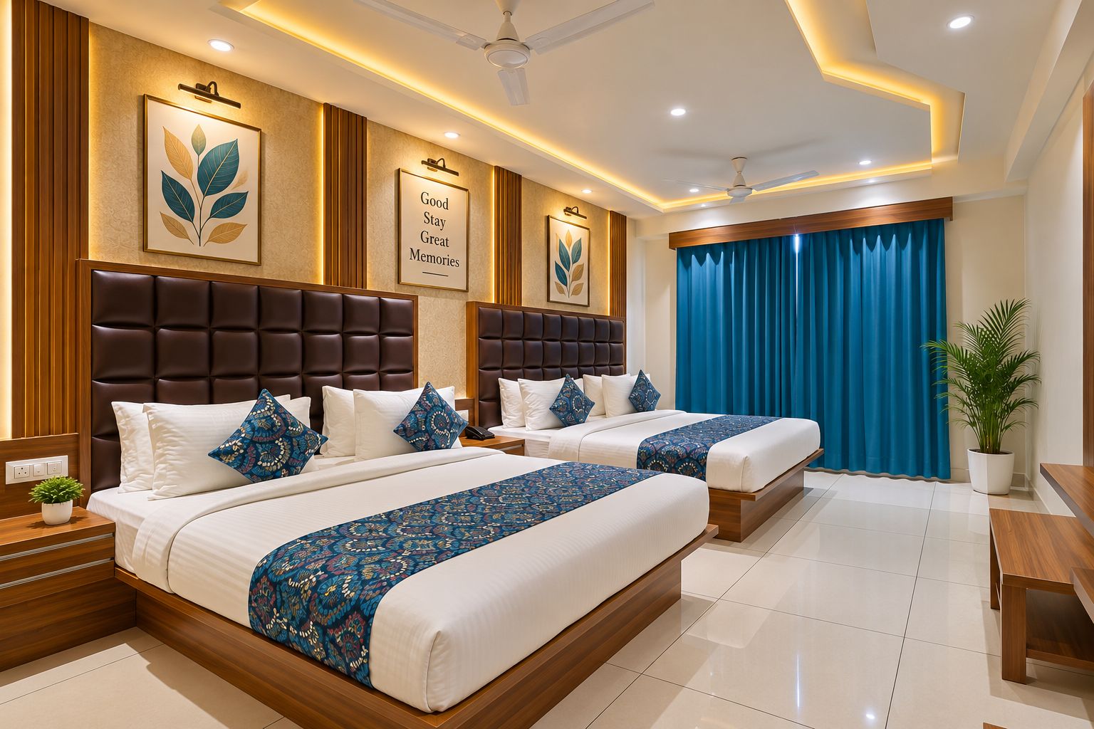A hotel room with two beds, a large window with blue curtains, a ceiling fan, and wall-mounted artwork.