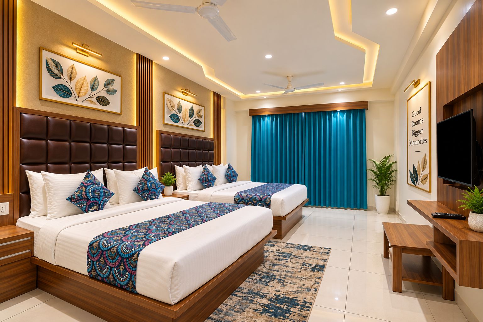 A hotel room with two beds, a TV, a desk, and a large window with curtains.