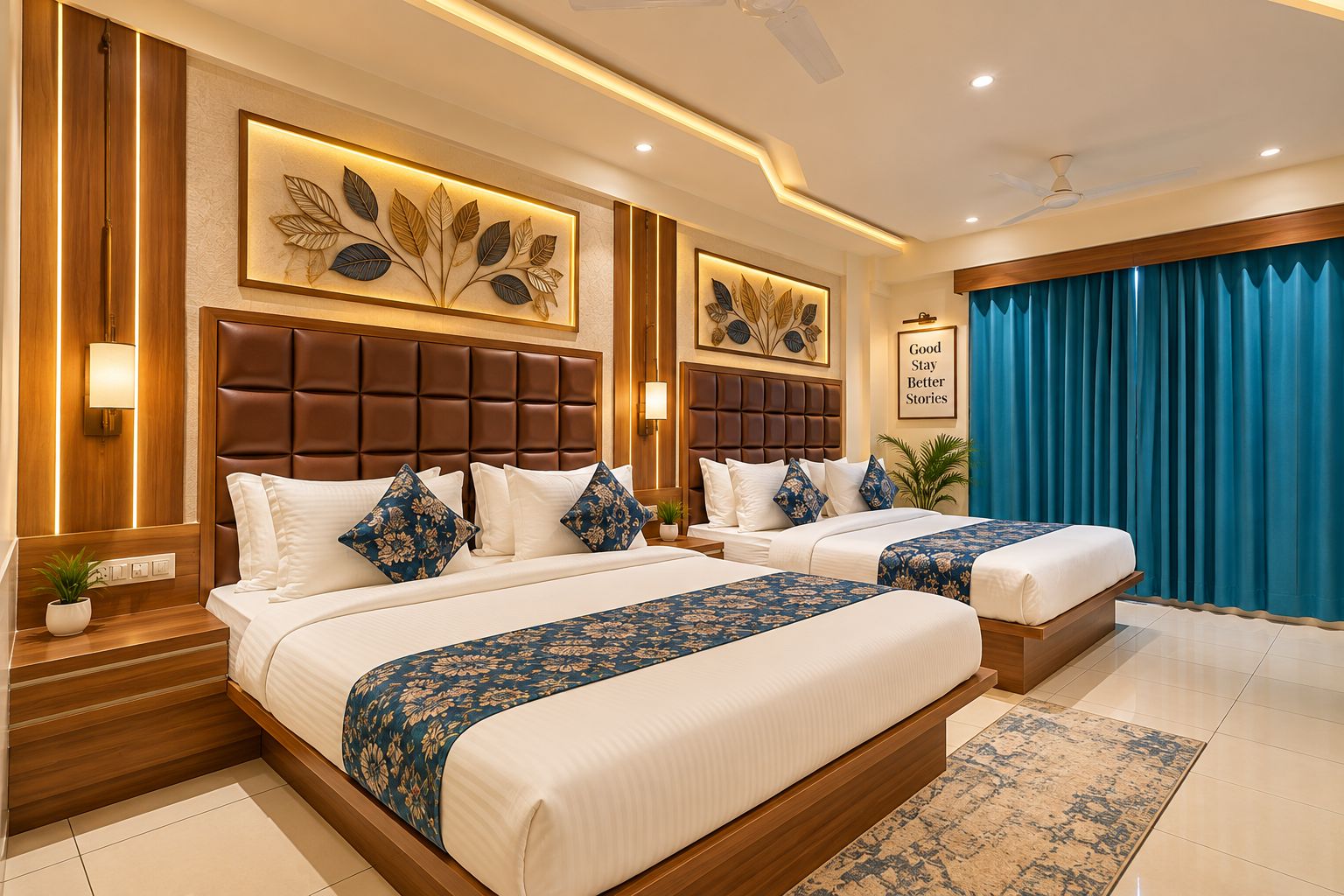 A hotel room with two beds, a large window with curtains, a ceiling fan, and wall-mounted artwork.