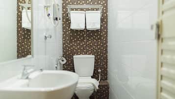 Shower, free toiletries, hair dryer, towels