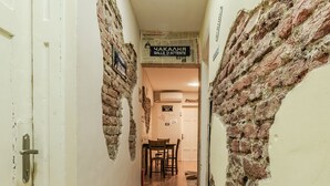A hallway with exposed brick walls, wooden flooring, and a door on the left. - Vitosha Flat (Sofia)