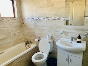 Basic Apartment | Bathroom | Separate tub and shower, hair dryer, towels