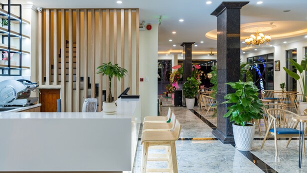 A modern hotel lobby with a reception desk, wooden slats, potted plants, and seating areas. - Sofia Hotel (Phu Quoc)