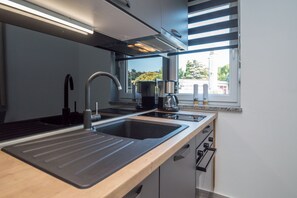 Großer Kühlschrank, Mikrowelle, Ofen, Herdplatte