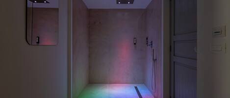 A narrow hallway with a shower area, a door on the right, and a mirror on the left.