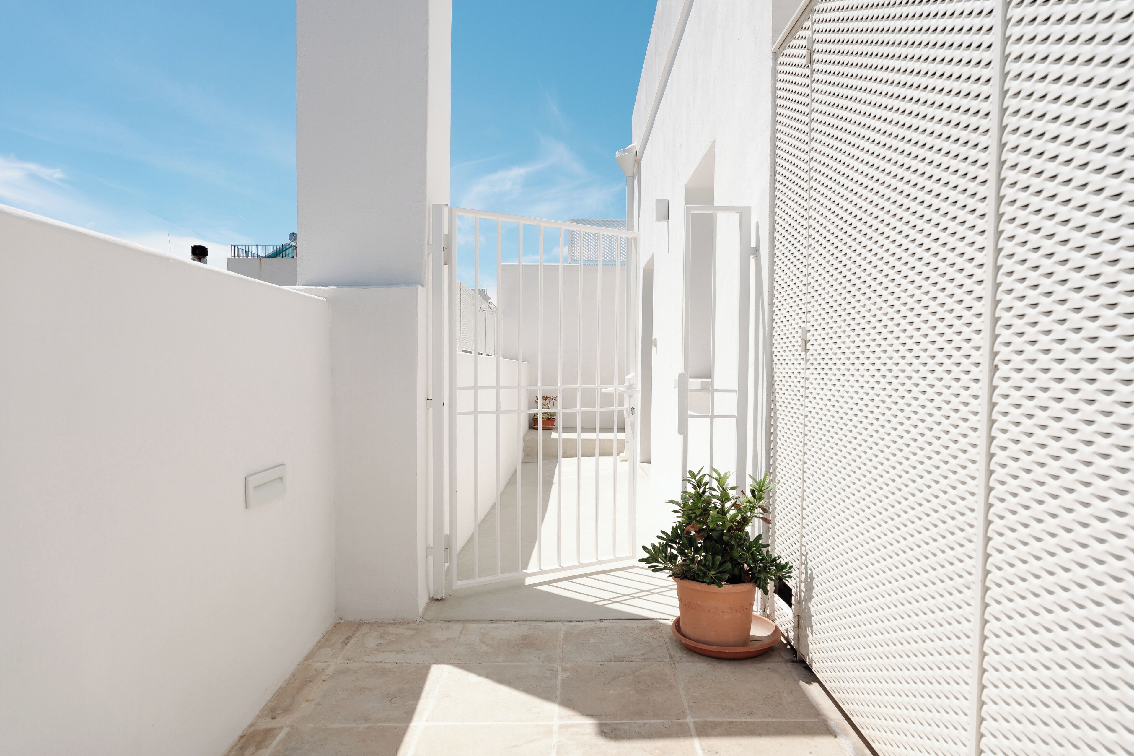 A narrow, white-walled corridor with a tiled floor, a white gate, and a potted plant.