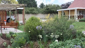 A garden with various plants and a wooden structure. - Mooigezicht (Clarens)