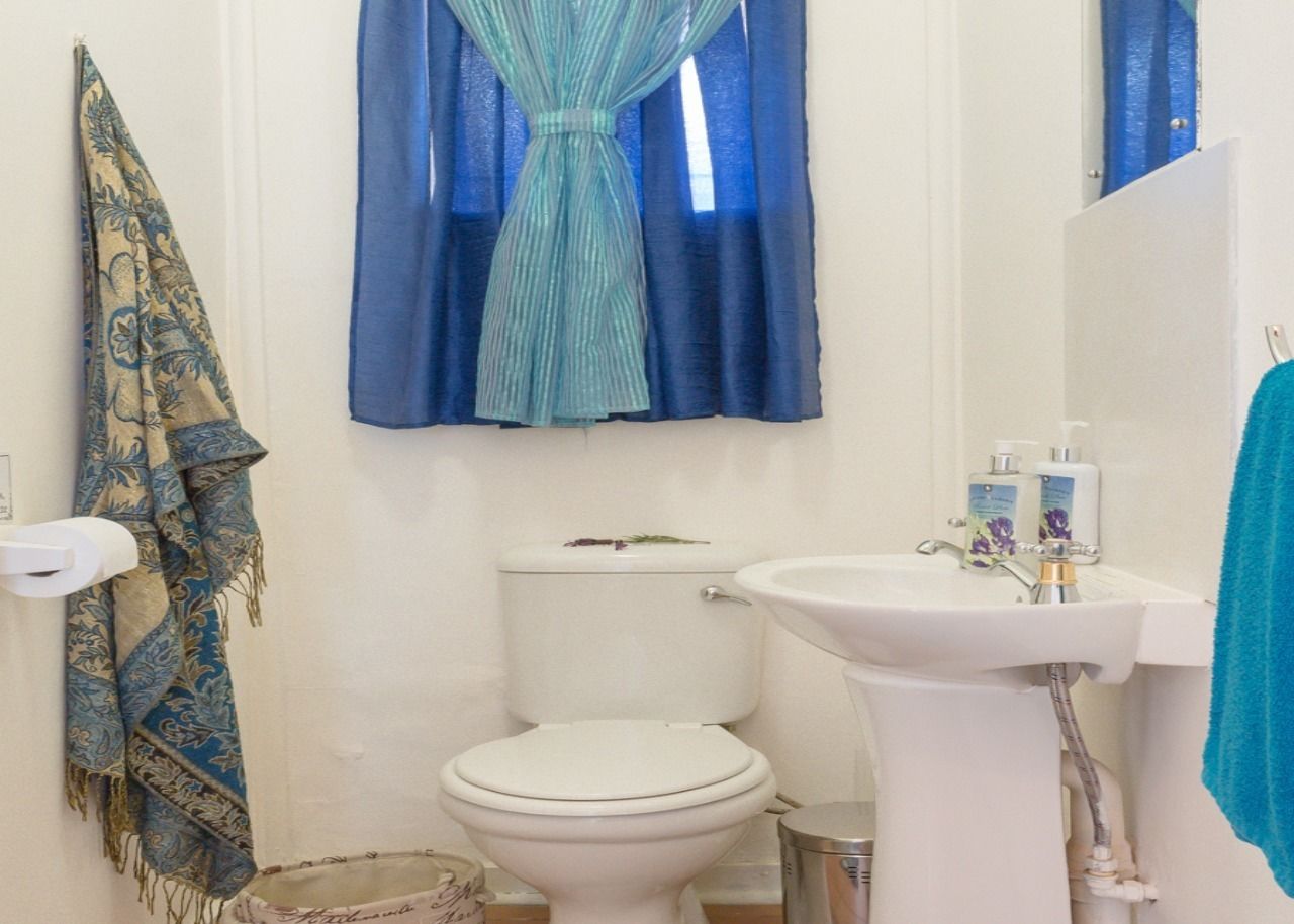 Un baño con inodoro, lavamanos y cortinas azules.