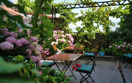 An outdoor patio with stone flooring, wooden tables, and chairs with blue cushions.