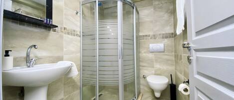 A modern bathroom with a glass-enclosed shower, a sink, and a toilet.