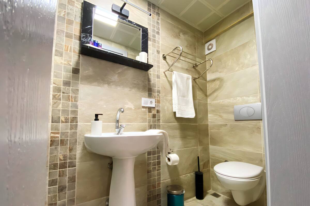 A bathroom with a white sink, a mirror, a towel rack, a toilet, and a trash bin.