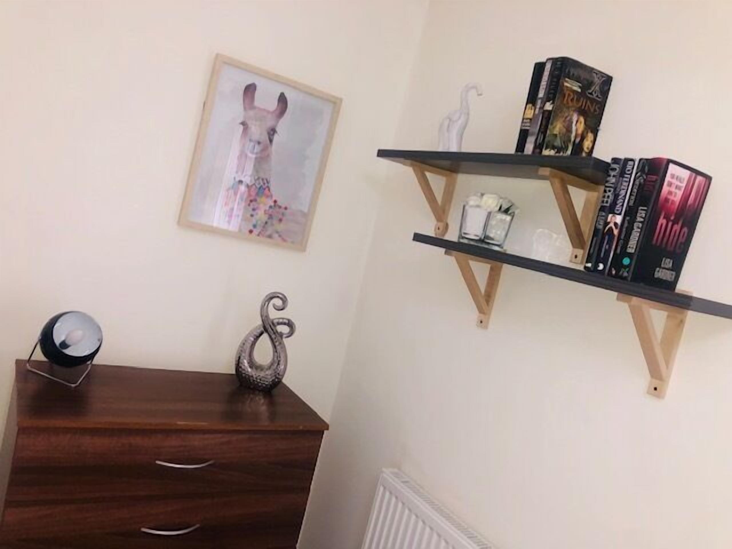 A room with a wooden dresser, a framed picture of a llama, and two shelves with books and decorative items.
