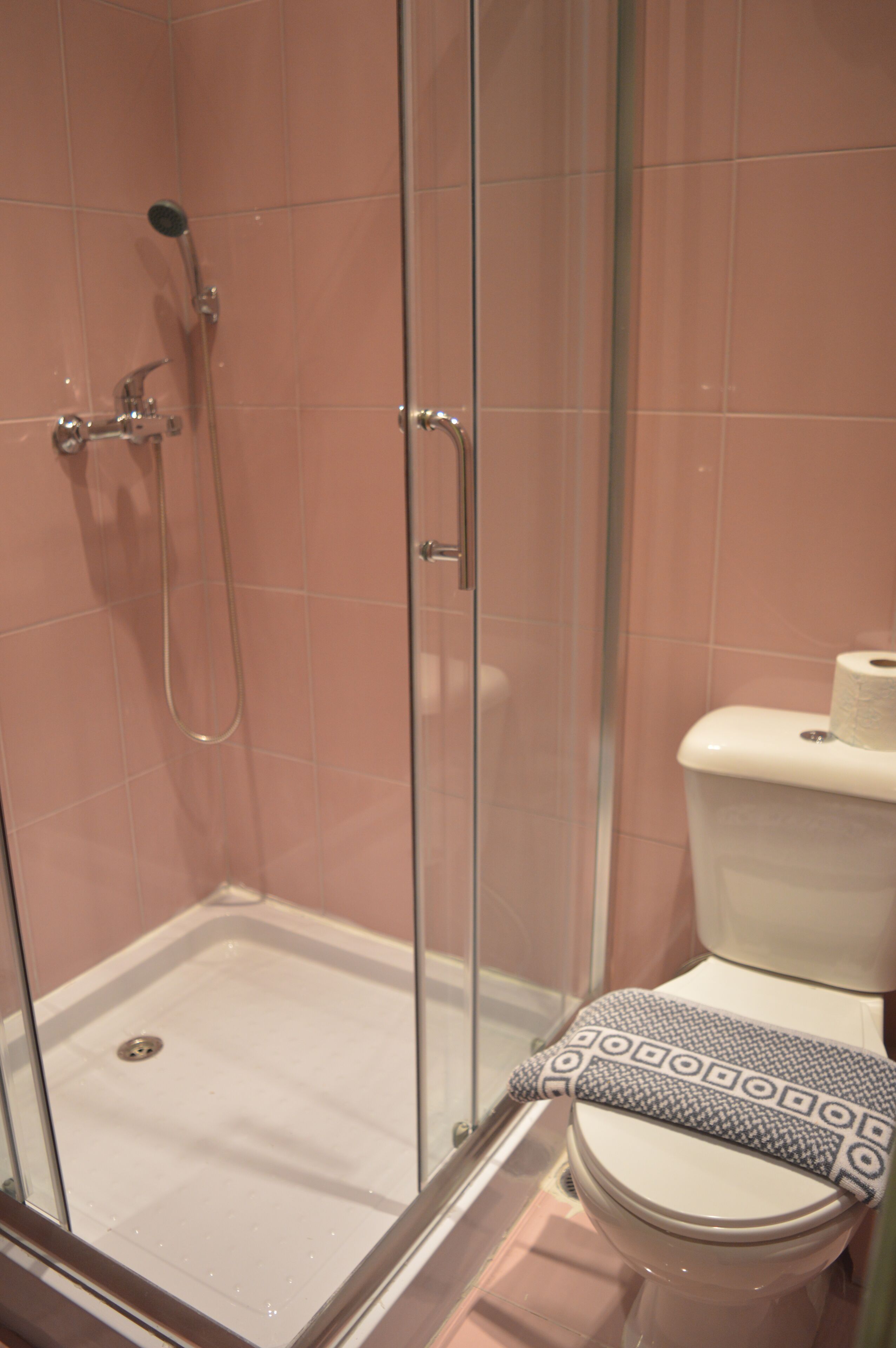 Una ducha con puerta de cristal, un inodoro con asiento estampado y paredes de azulejos rosas.