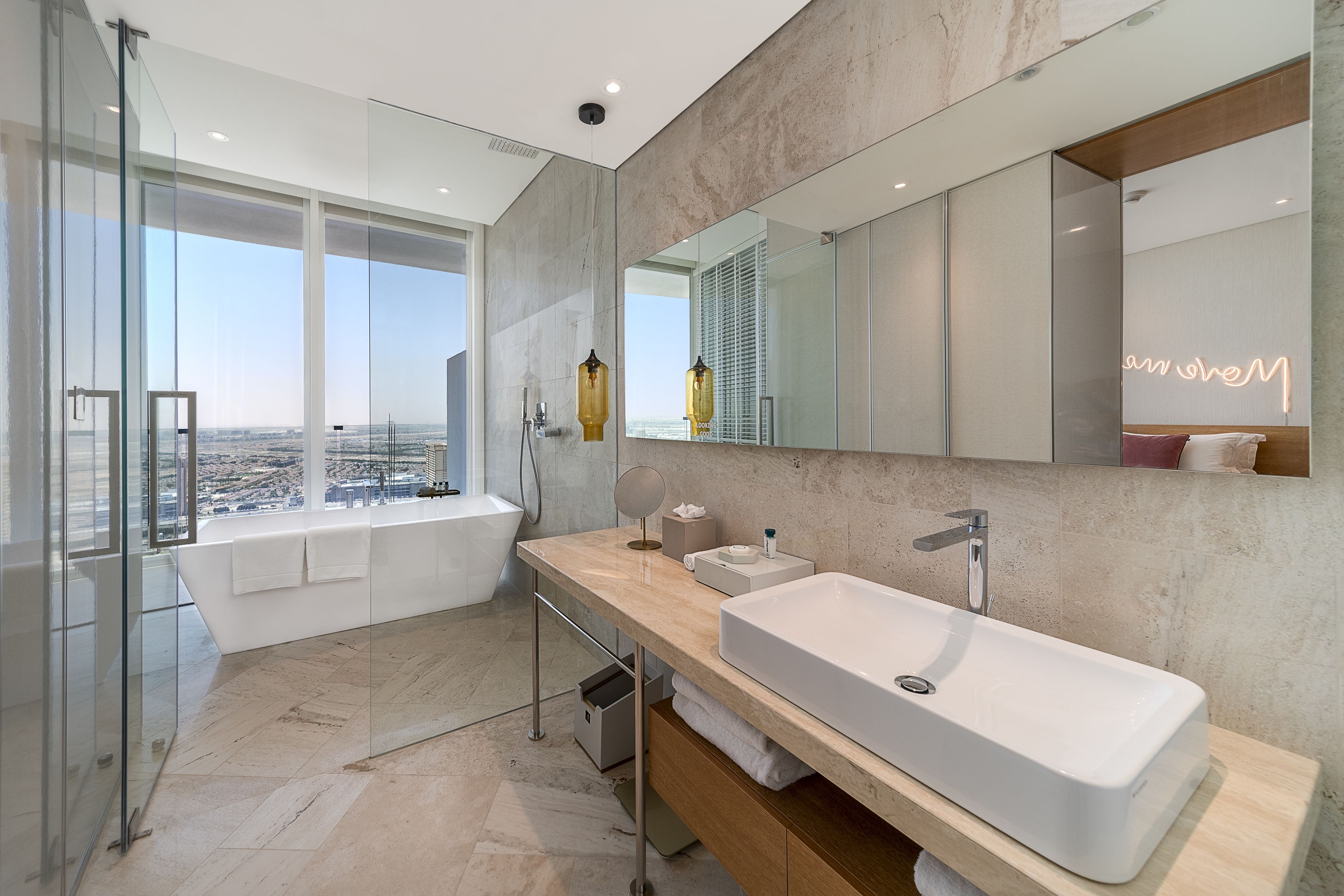 separate bathtub and shower, rainfall showerhead