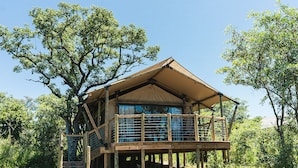 Une cabane en bois dotée d’un balcon, entourée d’arbres et sous un ciel dégagé.