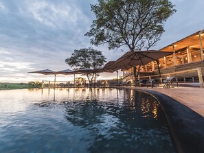 Outdoor pool, pool umbrellas, pool loungers