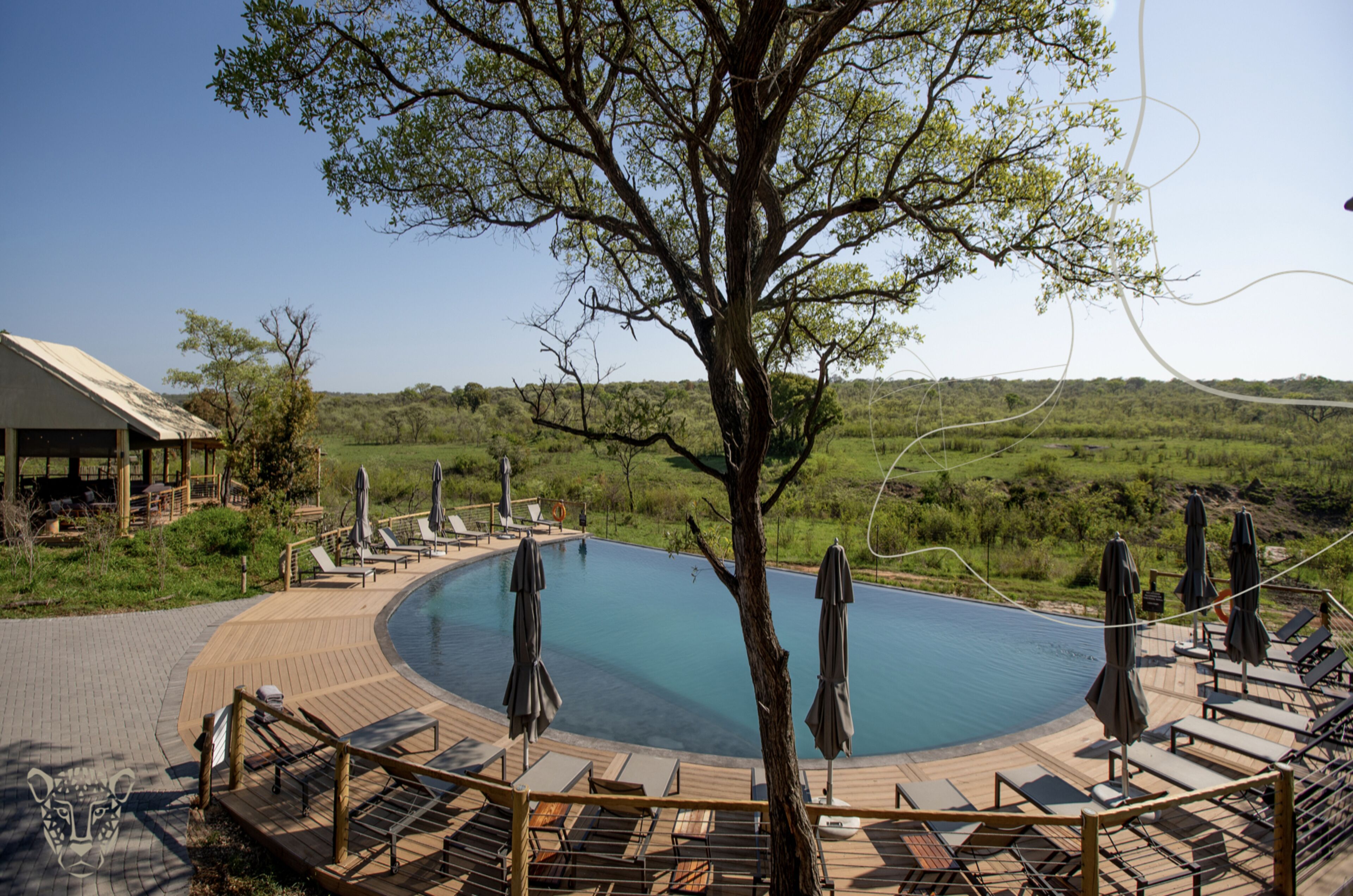 Ein Poolbereich mit Liegestühlen und Sonnenschirmen, umgeben von einer Holzterrasse und einem großen Baum.