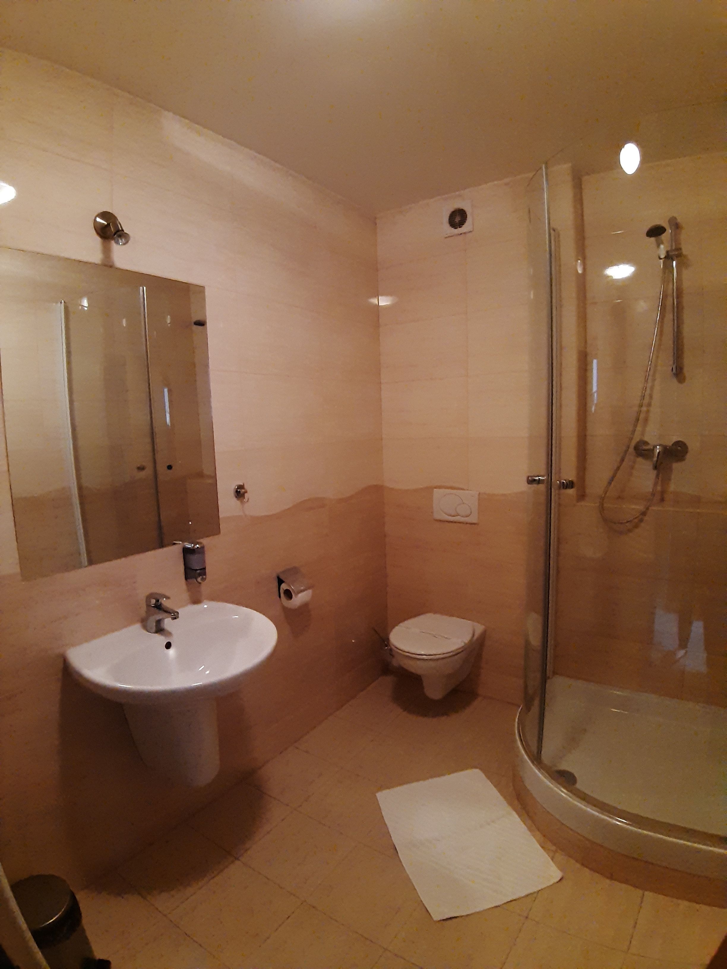 A bathroom with a sink, toilet, and glass-enclosed shower.