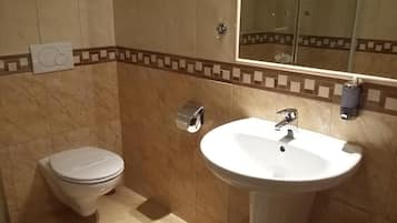 A bathroom with a toilet, sink, and mirror.
