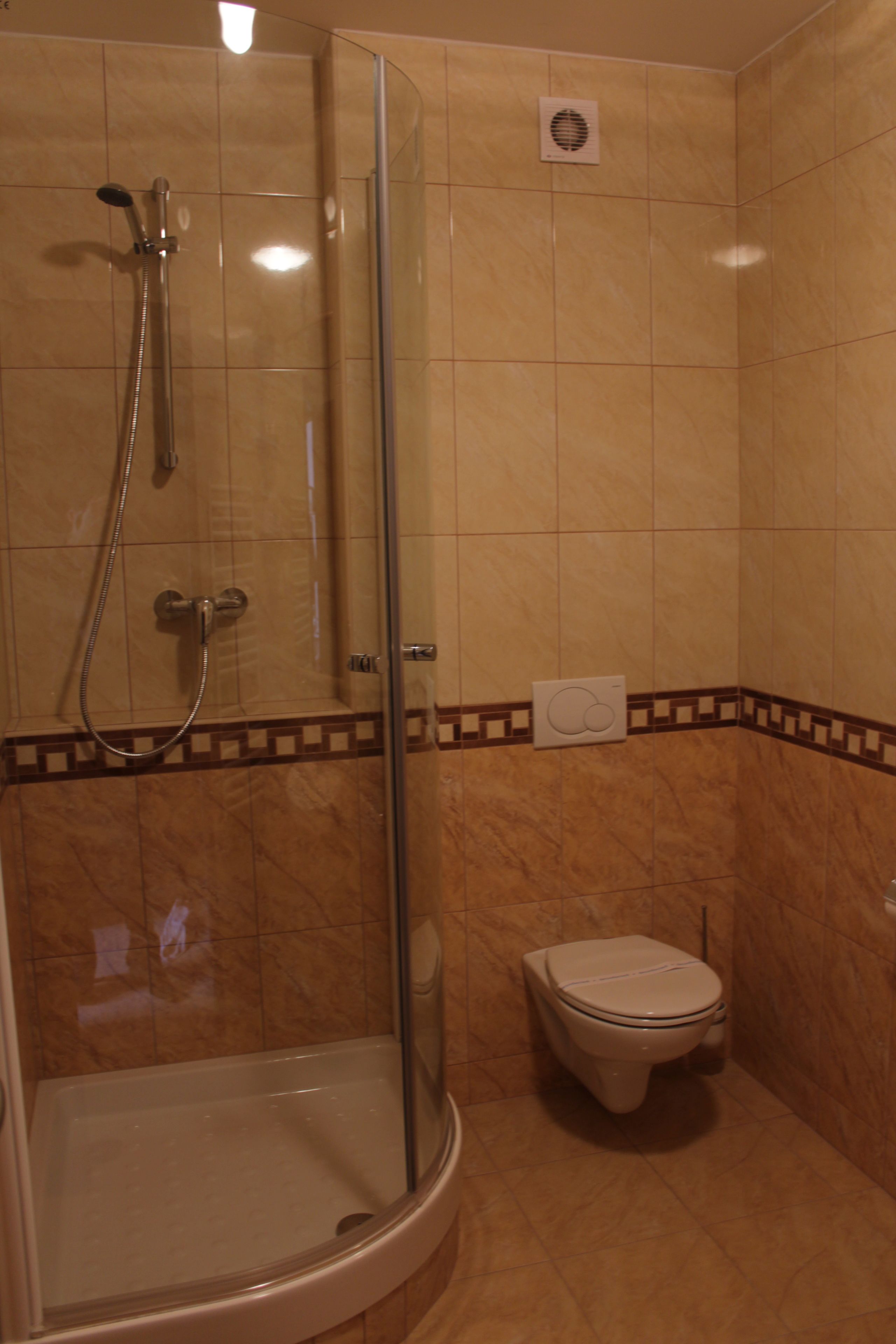 A bathroom with a glass-enclosed shower, a toilet, and a sink.