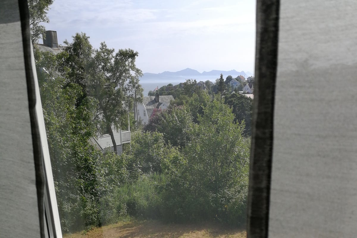 Una ventana con vistas a una zona residencial, con casas y árboles.