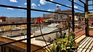 A view through a window with metal bars, featuring a building with a dome and a red flower in the foreground. - Art Atelier Vaticano (Rome)