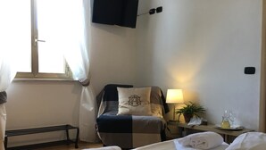 A hotel room with a bed, a chair, a TV, a lamp, and a small table with a plant and a bottle. - Art Atelier Vaticano (Rome)