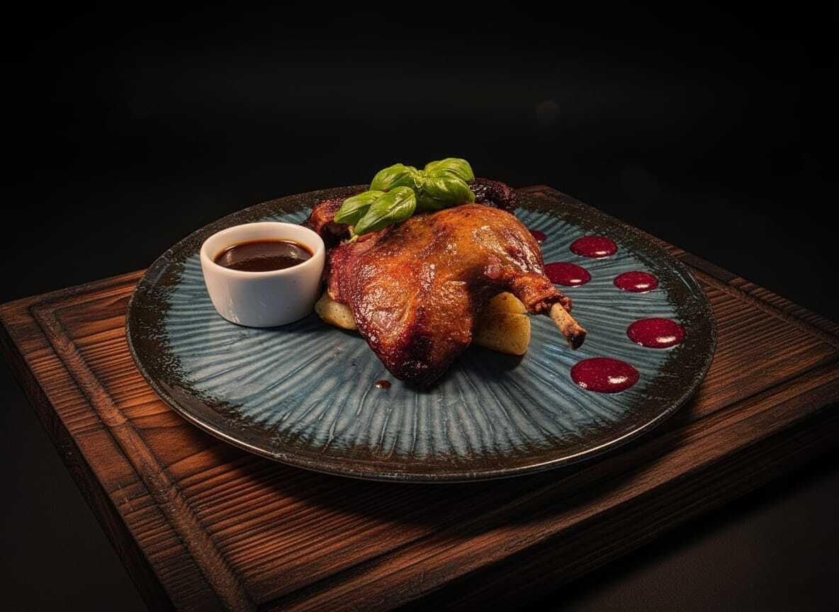 A roasted duck with a side of sauce and vegetables on a ceramic plate.