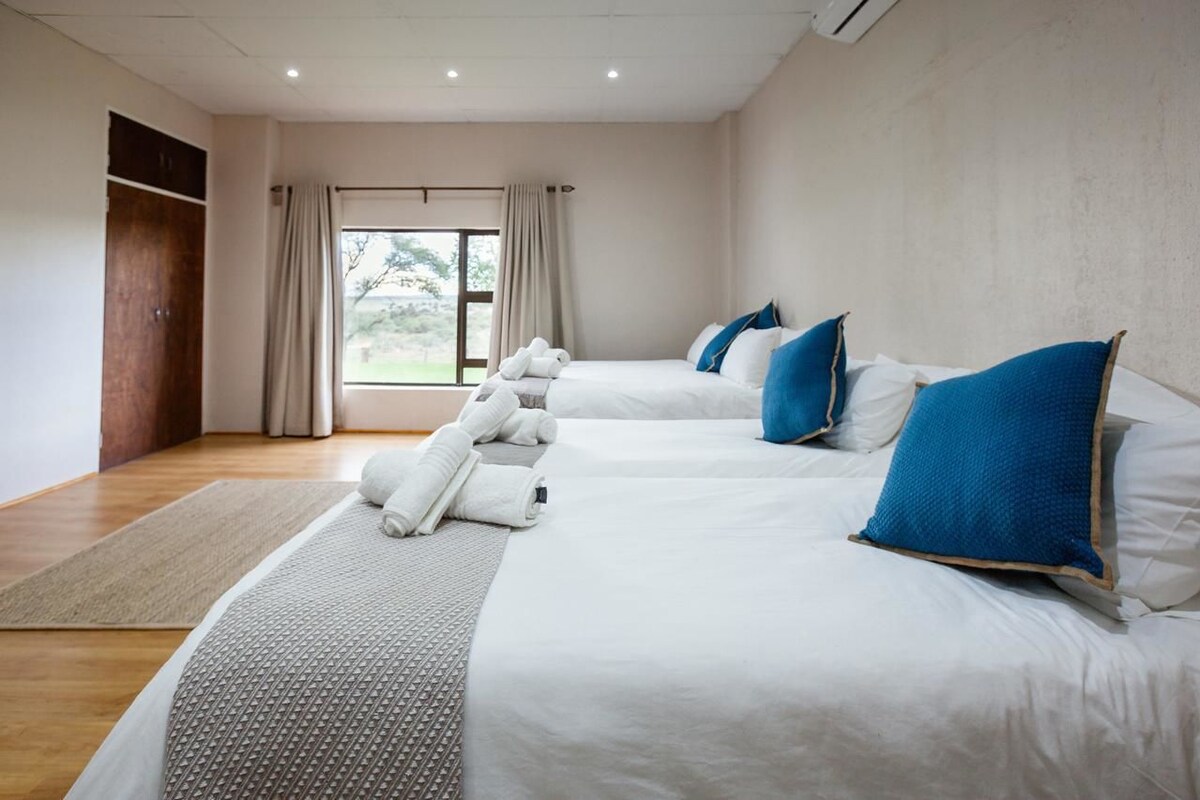 A hotel room with two beds, a large window with curtains, a wooden wardrobe, and a view of the outdoors.