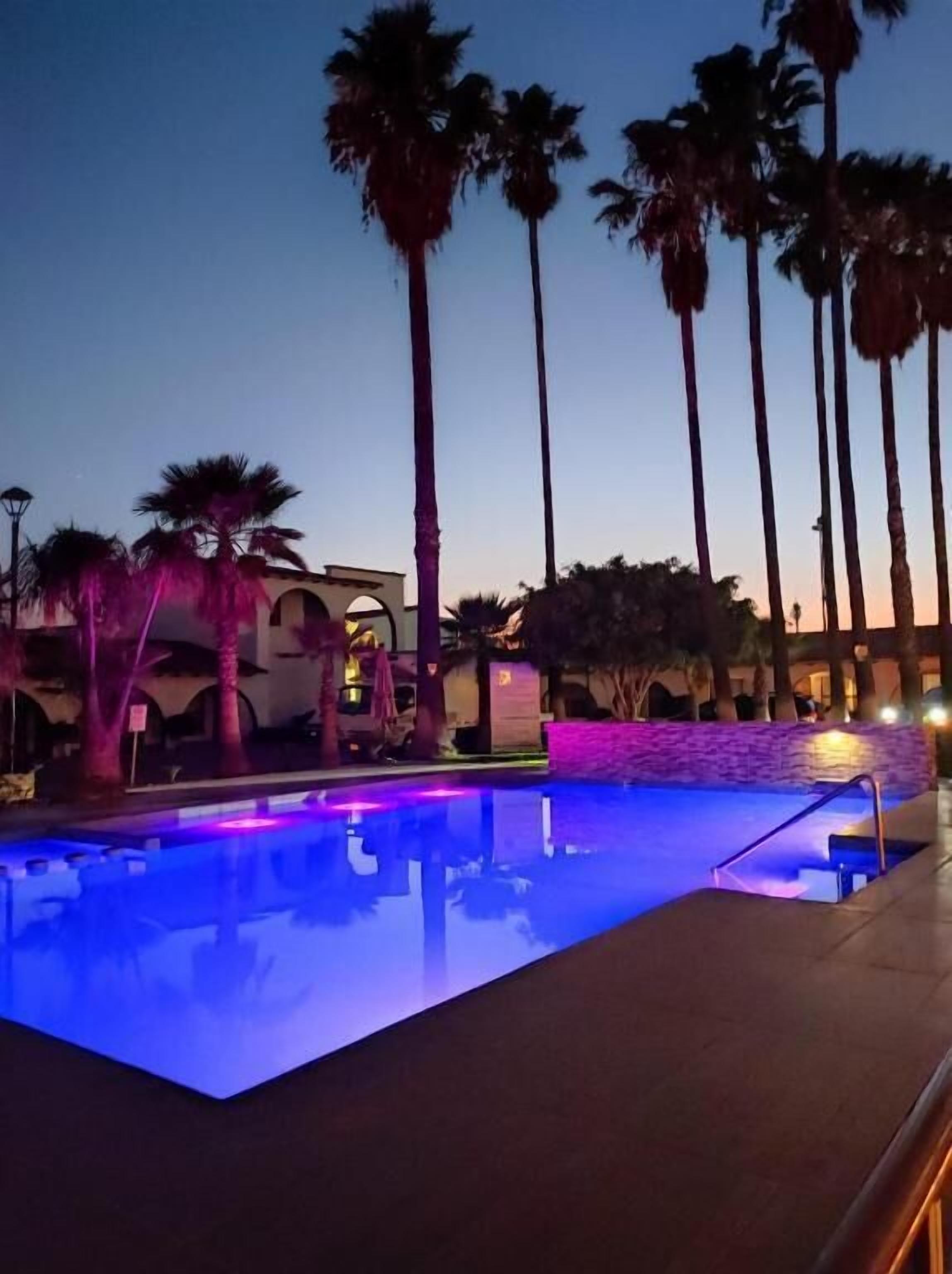 A swimming pool with a clear water surface, surrounded by palm trees and a building with arched windows.