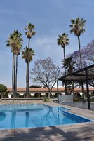 Una piscina con palmeras y una zona cubierta.