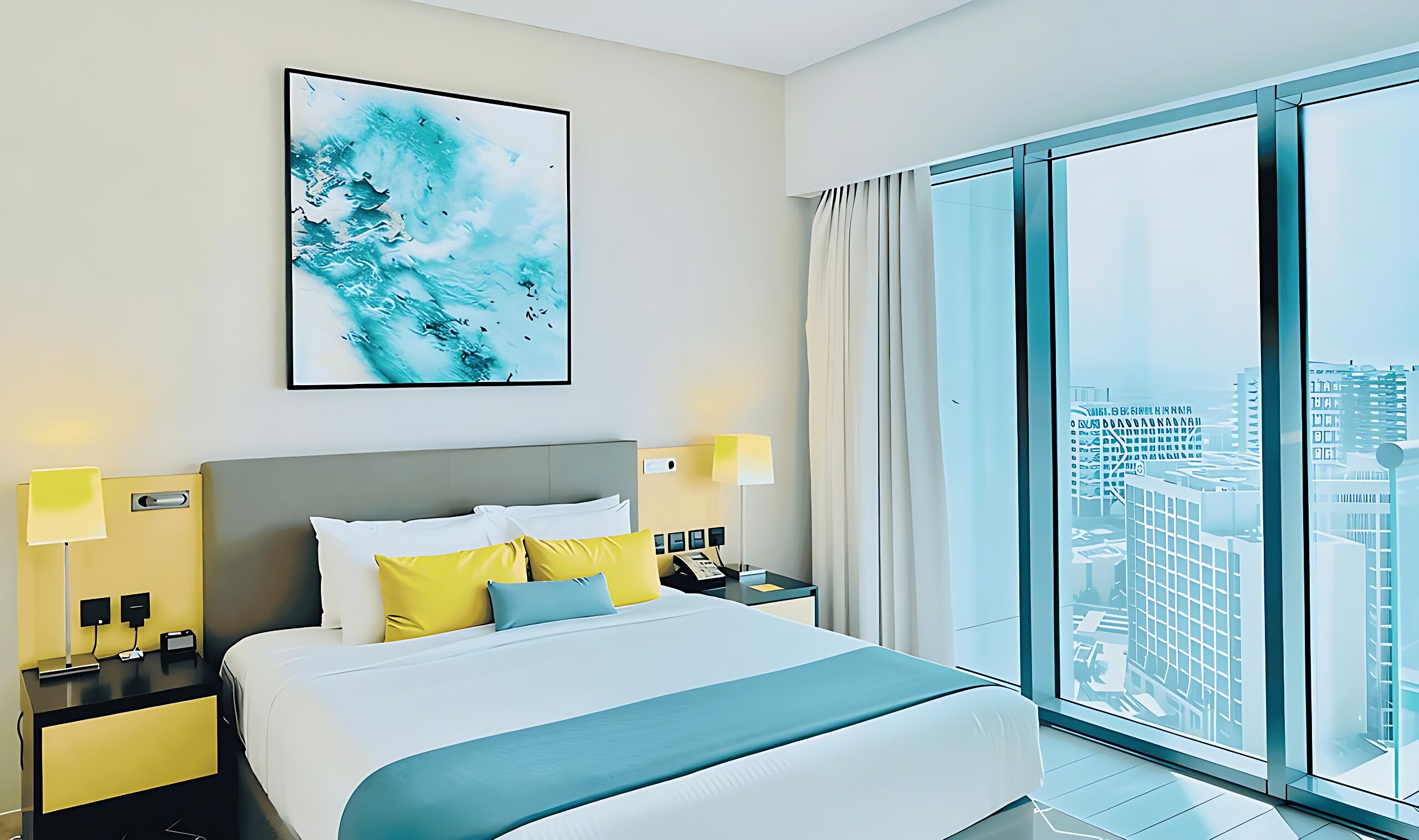 Een moderne hotelkamer met een groot bed, bedlampjes, uitzicht op de stad en een lijst met abstracte kunst.