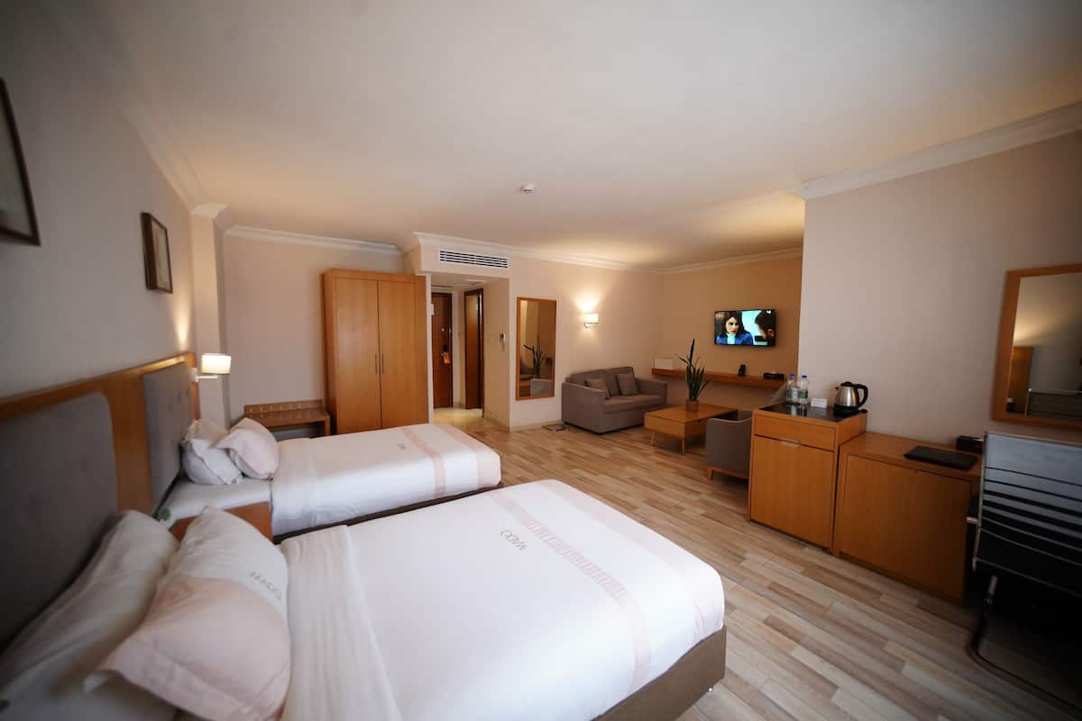 Habitación de hotel con dos camas, un sofá, televisión y una kitchenette.