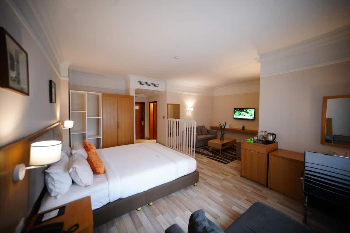 Habitación de hotel con cama, escritorio, televisor y kitchenette.